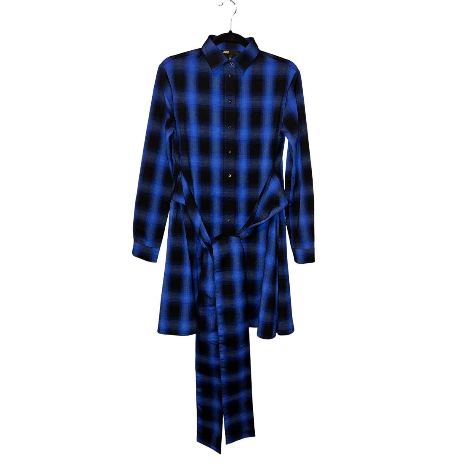 Maje Ruly Preppy Academia Blue Black Checkered Plaid Front Waist Tie Shirt Dress